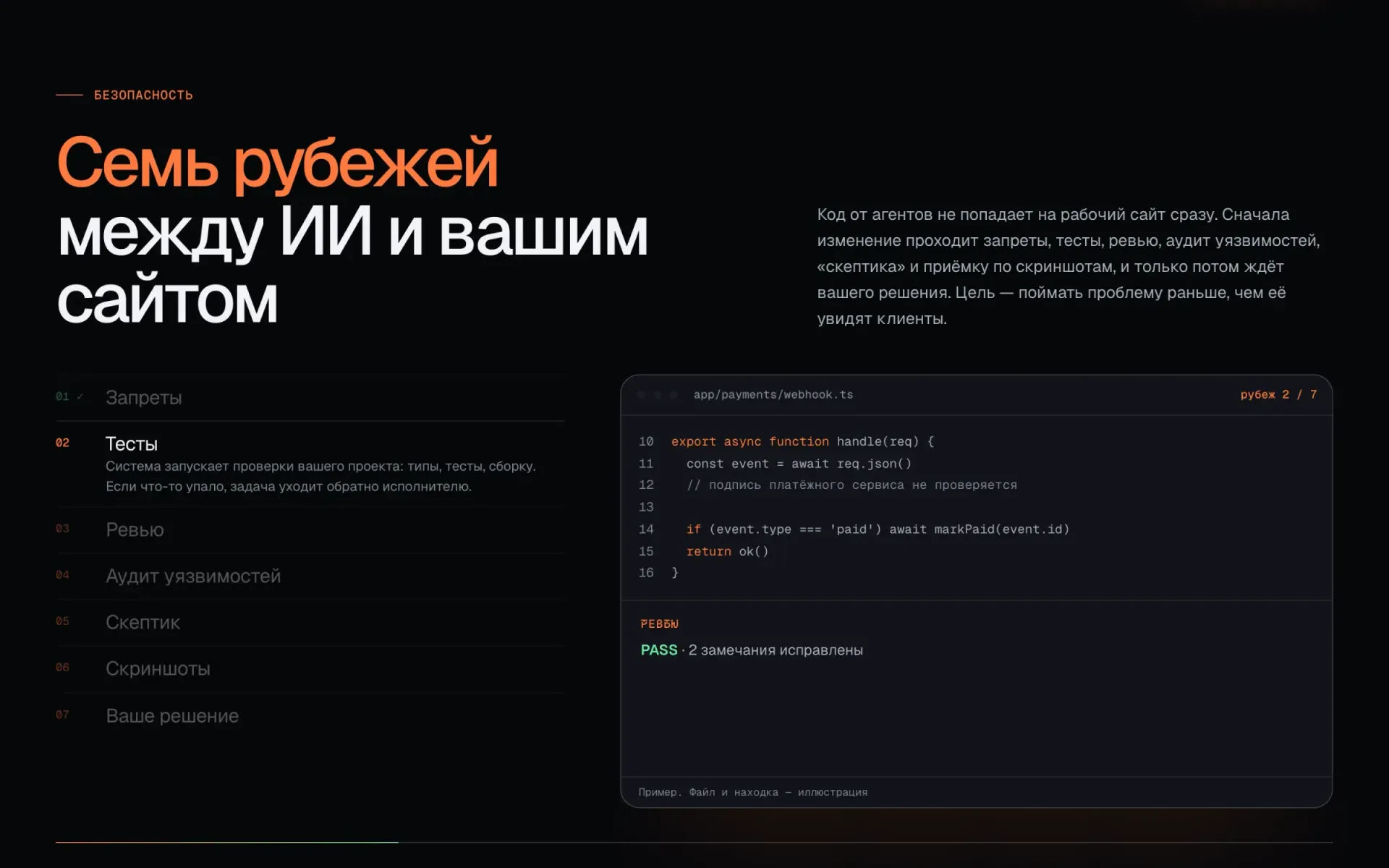 Блок «Семь рубежей» на сайте appagent: пример уязвимого файла оплаты и результаты проверок по порядку
